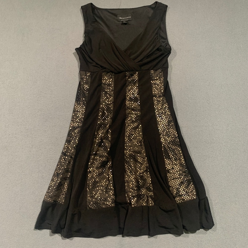 Connected Apparel LBD Black Gold Sequin Polka Dot Panels Dress Babydoll V-Neck 6